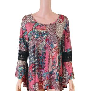 Patchwork Paisley Top & Jacket Set XL Robert Louis Pink Teal Front Snap Pockets